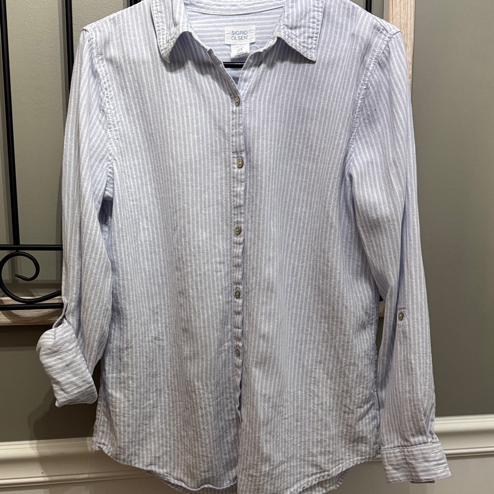 Sigrid Olsen  Blue Striped Button-Down Shirt linen blend M